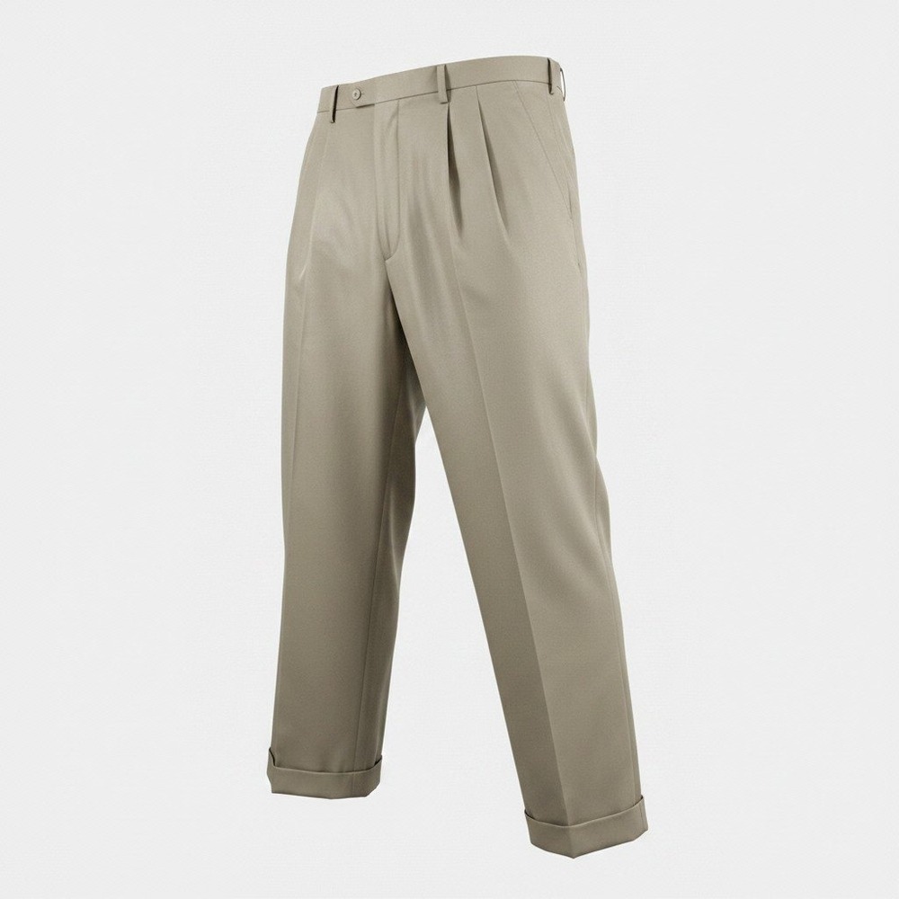 Croft & Barrow Mens 42x32 Pleated Dress Pants Tan Khaki Cuffed Polyester Trouser
